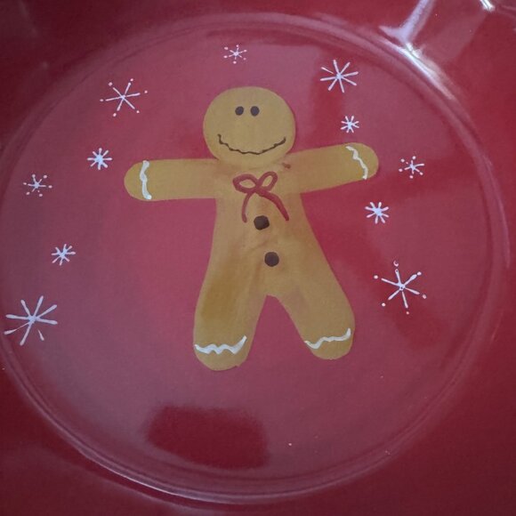 Red Ceramic Pie Dish Gingerbread‎ Man Design Holiday Serving Bakeware 9.5" Round - Picture 3 of 4